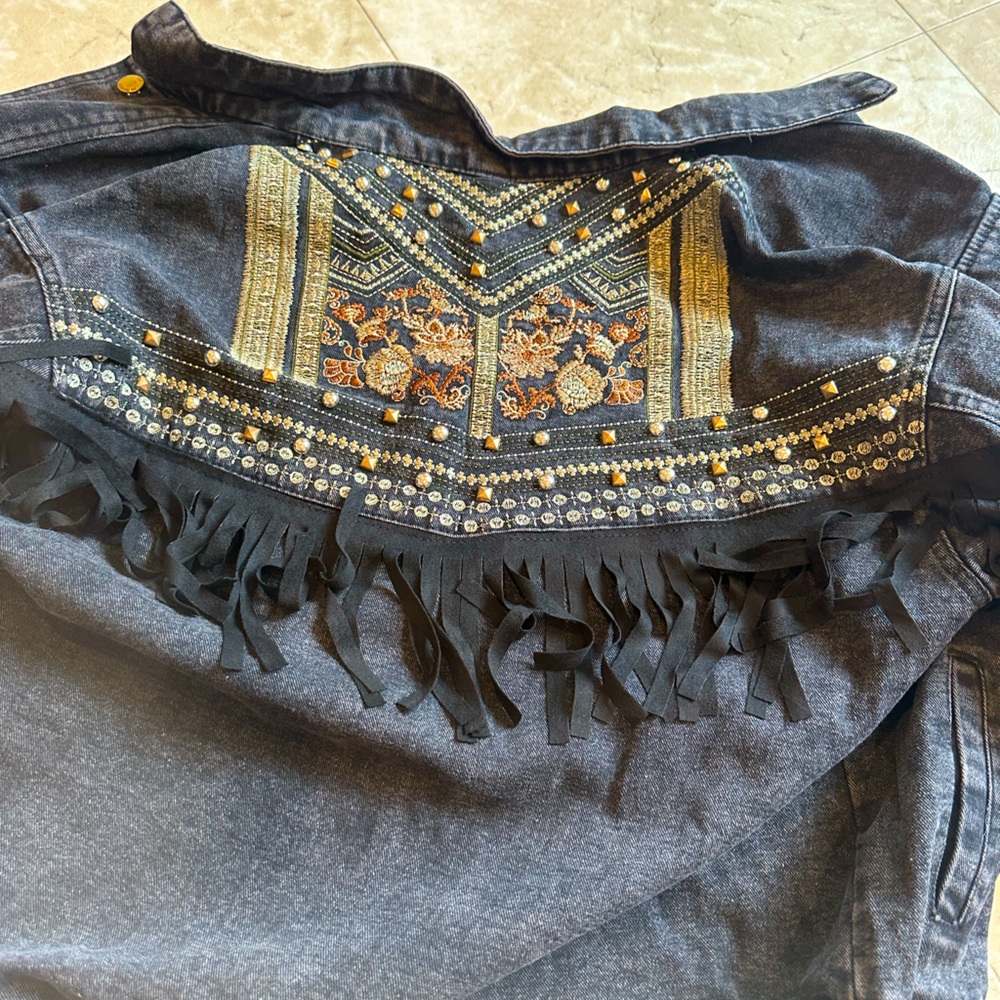 Black Fringed Jean Jacket with Detailing